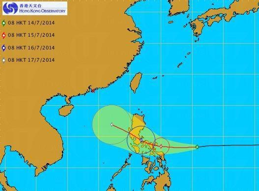 此乃天文台預測的「威馬遜」移動路徑，紅點為香港。