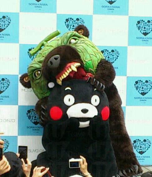 哈密瓜熊於活動上突然生擒Kumanon。 哈密瓜熊於活動上突然偷襲Kumanon。