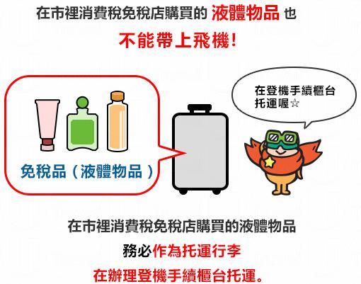 液態免稅品必須放在行李箱托運。 液態免稅品必須放在行李箱托運。