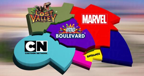 IMG冒險樂園內包括四個區，侏羅紀公園、樂高樂園、卡通網絡和Marvel漫畫人物館。