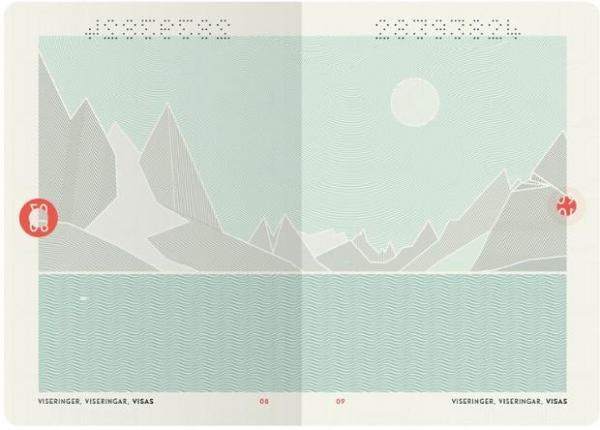 護照跨頁設計，日光照射下出現挪威峽灣景色。