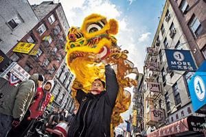 紐約唐人街於大年初一舉行舞獅，慶祝羊年來臨。 （路透社圖片）