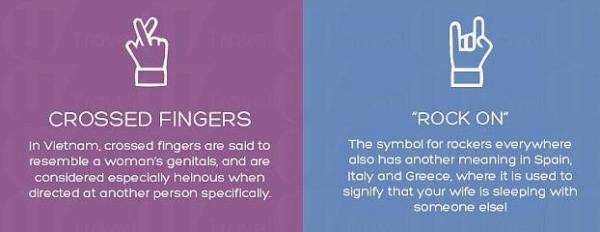 食指與中指交叉等於十分不雅手勢；搖滾手勢代表「你老婆出軌」。
