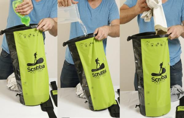 Scrubba Wash Pack內部有一塊滿佈粒粒的搓板，當放入衣服、洗衣粉和水後，排出袋內空氣，搓20至40秒就可清潔衣服(圖:Scrubba)