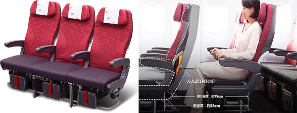 日本航空經濟艙座位的前後座距由 31 吋到 33 吋，座椅寬度則有 16.8 至 18 吋，而且座椅向後斜度達傾 111 度，乘客們都高度讚揚寬敞的空間以及真的有考慮乘客體形而設計的座位。