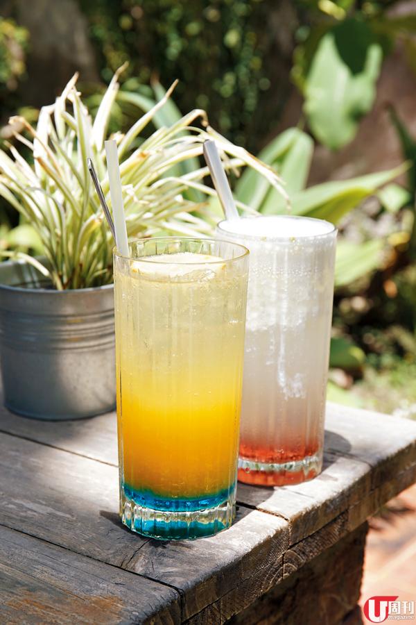 人氣消暑飲品：（左）盛夏光年由藍柑橘、橙及檸檬蘇製成；（右）甜蜜 11 月有淡淡的紅桑子味，各 31 港元。