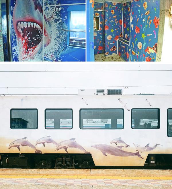 為了讓乘客有更好的景觀，海洋列車的車窗特別大，而且座位都面向海。除了特別的座位設計，車廂內內外外都有海洋的特色，畫上海洋生物的圖案，令人感覺好似置身海底一樣。（圖：heeee__nim@ig、KTO、