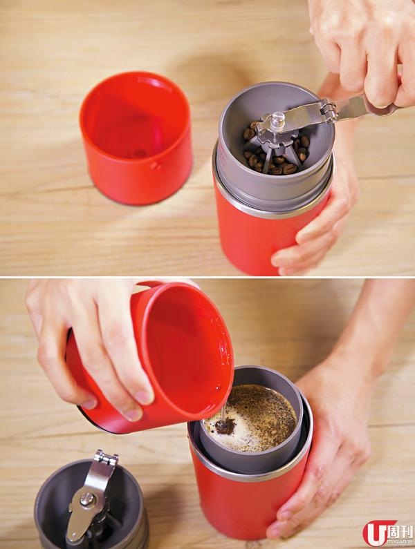 上層是磨豆器，杯蓋有小孔，可控制出水量，輕易沖出好咖啡。