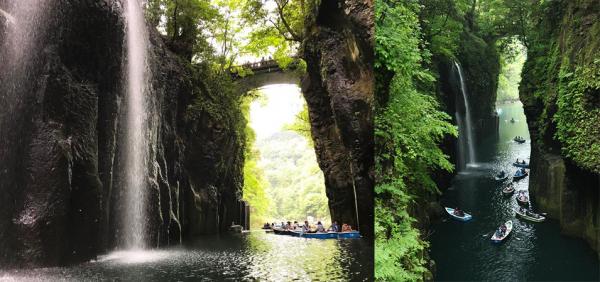高千穗峽內最出名的，就正是今次要介紹的日本瀑布百選之一的真名井瀑布。17 公尺的瀑布水由懸崖自然公園內的 Onokoro 池傾瀉而下，雖然水量未必及其他瀑布百選般壯觀或宏偉，但勝在有一份說不出的神秘及