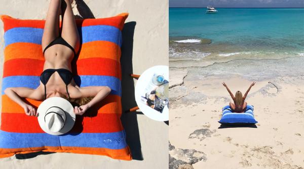不單有毛巾，還有大大個吹氣沙灘 cushion 同樣是防水防法設計，價錢 69.95 美元（細），99.95 美元（大）