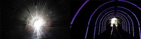 富士急樂園過山車 DoｰDodonpa 出發一刻；途中經過 LED 彩燈隧道。