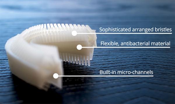 Amabrush 起用抗菌矽膠，能殺滅 99.99％ 的細菌，牙膏則由遍佈牙套的微細孔釋出；刷毛柔軟並與牙肉呈 45 度斜角，摩擦牙齒表面時亦不傷牙齦。