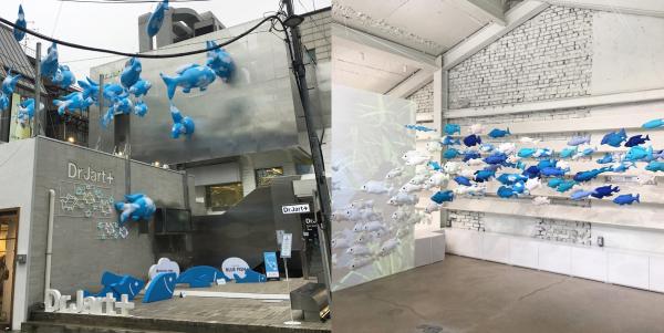 藍色魚群的終點是 Dr. Jart+ 新沙洞旗艦店入面的 Filter space in seoul（필터스페이스인서울），由外到內都可以見到藍色魚群，在 3 樓仲會配合影像表達其意義。（圖：eile