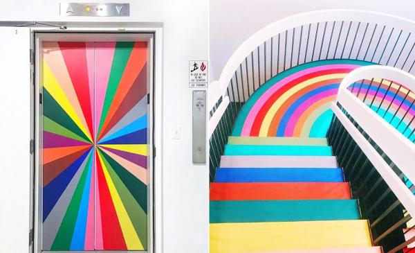 入面的升降機同樓梯都一樣塗上七彩顏色。（圖：makerscollectivehome@ig，eatexploresf@ig）