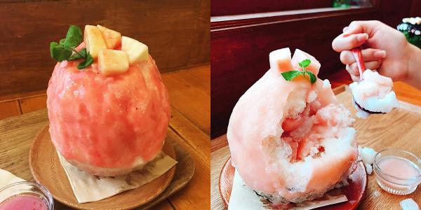 軟雲堂刨冰的招牌外型，外面淋上淺粉紅色的水密桃汁，食到入面仲有大大粒的水密桃，見到都覺得吸引！（圖：wooon_vely@ig，lazybox_@ig）