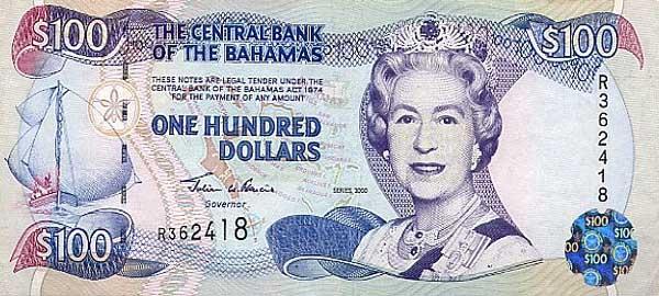 巴哈馬︰2005 年發行的 100 元仍是英女皇。雖然於 1973 年已獨立成巴哈馬聯邦，但國家元首仍是英女皇，總督總理仍由她任命。