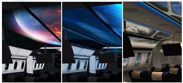 東京虛擬飛機艙「First Airlines」天花、窗戶提供投影效果。