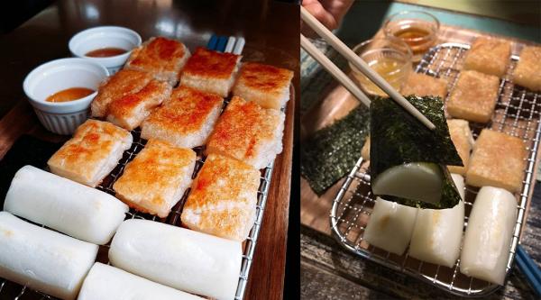 咖啡店的招牌燒年糕（떡구이），有兩種年糕，黏糕和長條糕，提供楓糖漿和芝麻油醬，點完醬，再用紫菜包住嚟食。10,000 韓圜（約 70 港元）。有時去韓燒都會有埋年糕畀你燒，但通常都會燒到硬崩崩，唔好食