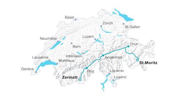 由 Zermatt 上車，途經 St. Niklaus、Brig、Fiesch、Andermatt、Disentis、Chur、Thusis、Tiefencastel、Filisur、Bergün、S