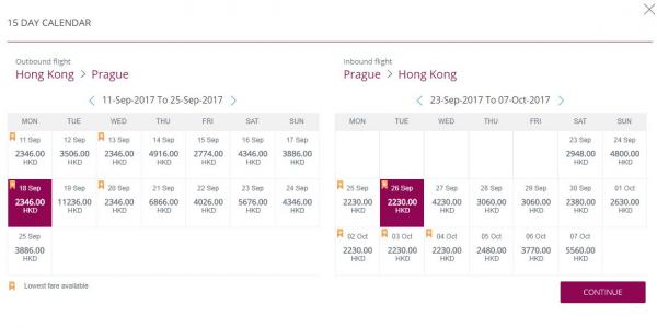 以官網 9 月份的訂票價為例，布拉格來回最低票價為 4,576 港元（已連稅）