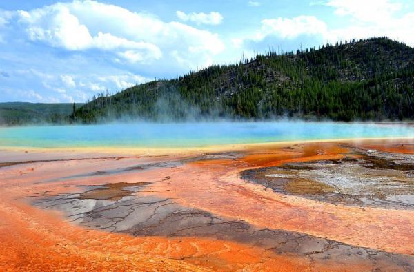 沸騰的泉水經地表以下約 37 米的裂縫湧出，泉水變成橙、黃、綠色，皆因溫泉內有多種細菌在逐漸冷卻的水中生長。
