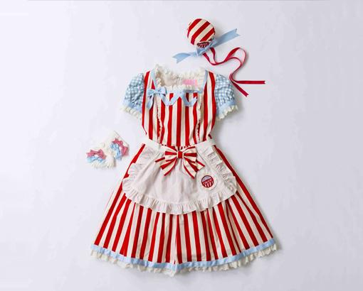 #58 Angelic Pretty 紅白直間拼白色圍裙 one-piece，7,900 日圓（約 540 港元）。