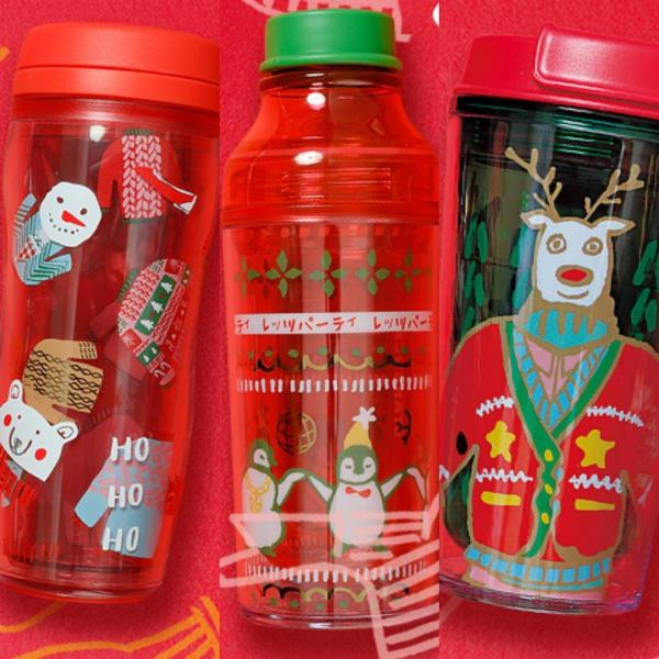 塑膠水樽/杯系列 紅色熊仔雪人 pattern 有蓋水杯。 1,800 日圓（左） 紅色企鵝 pattern 水壼。 2,400 日圓（中） 鹿仔 pattern 有蓋水杯。 1,600 日圓（右） 