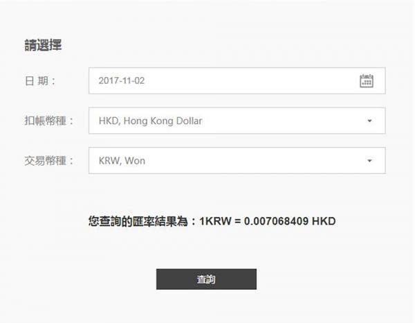 銀聯海外提款 11 月 1 日匯率：1 HKD＝141.47 KRW