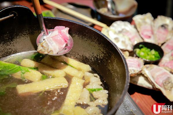 以昆布湯作湯底，把豚肉包著廣島蠔灼半分鐘，既有豚肉的油香，亦可以嚐到蠔身的鮮甜。食到最尾，店員仲會幫忙加飯做雜炊，飯身吸收湯汁精華，鮮味十足。