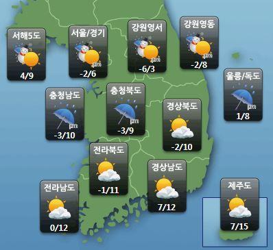 星期六（25/11）：預計首爾、京畿道、江原道、西海等地區會下雪，早上氣溫維持在攝氏零下 6 度至攝氏零下 2 度，日間時間起會逐漸回暖。（圖：KWeather）