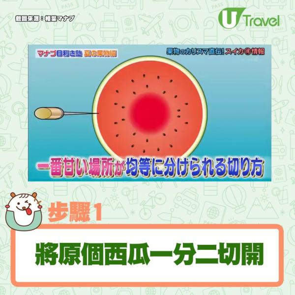 1.首先將西瓜放穩，切走頂部和底部。西瓜的上下各切走約1cm。
